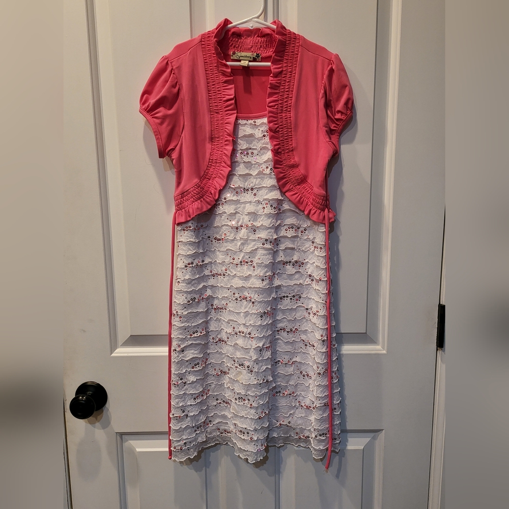 Girls dress, size 14, white ruffles with sequins, coral sewn in bolero